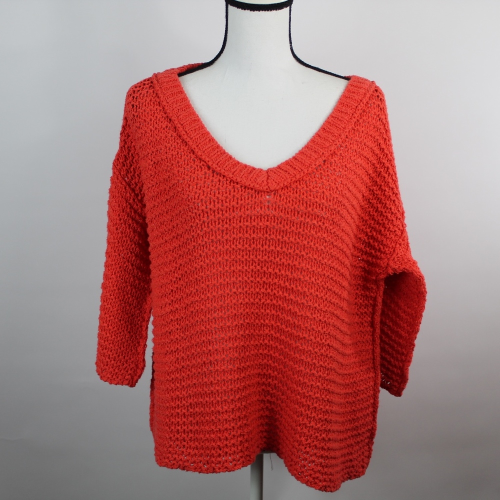 Free People Orange 3/4 Sleeve Woven Sweater Small